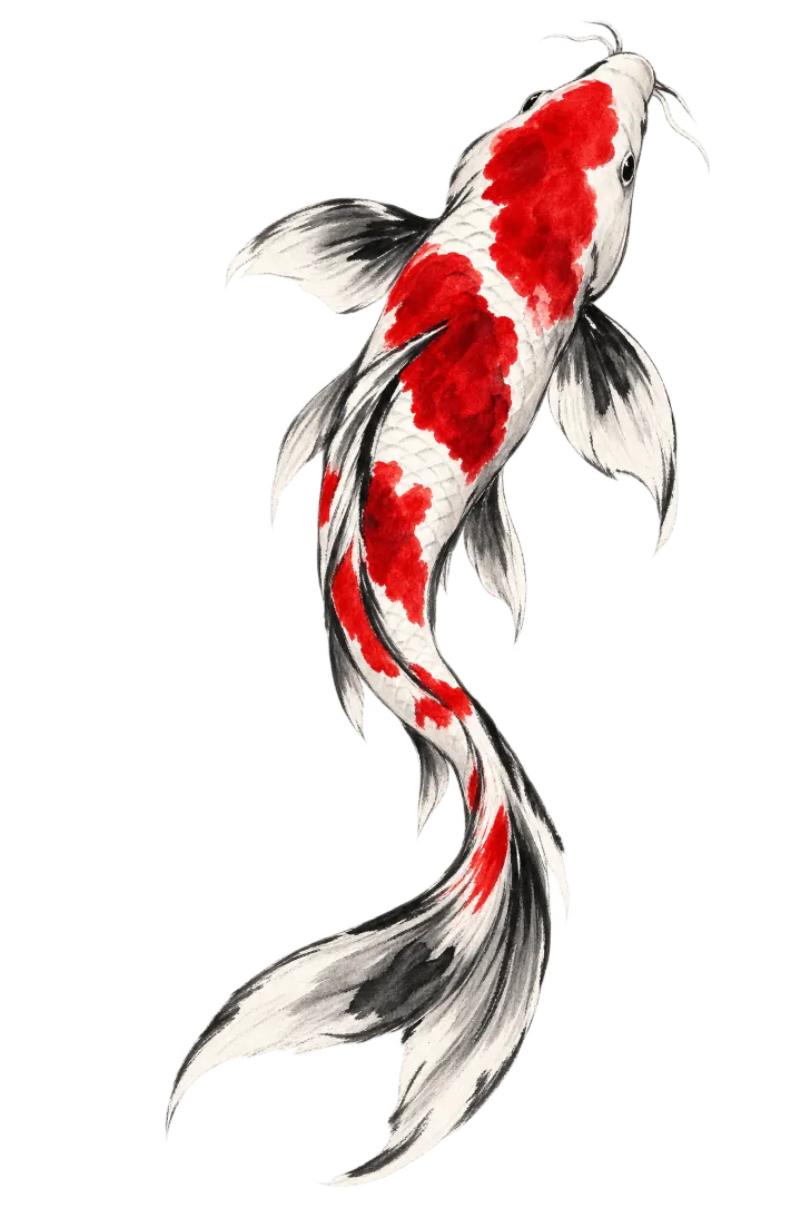 Koi rojo y blanco pintado a tinta, nadando hacia arriba